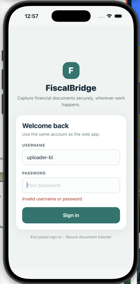 FiscalBridge mobile application secure document capture sign-in screen