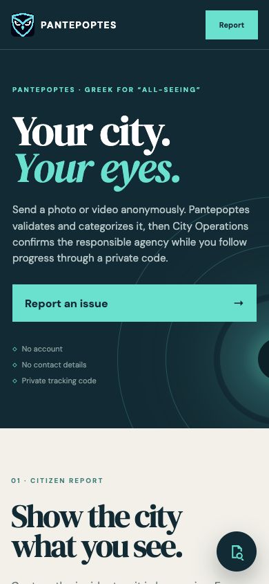 Pantepoptes mobile interface introducing the anonymous citizen report workflow