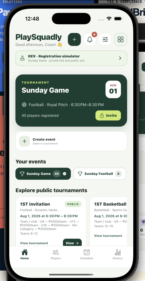PlaySquadly mobile application showing tournament and event management
